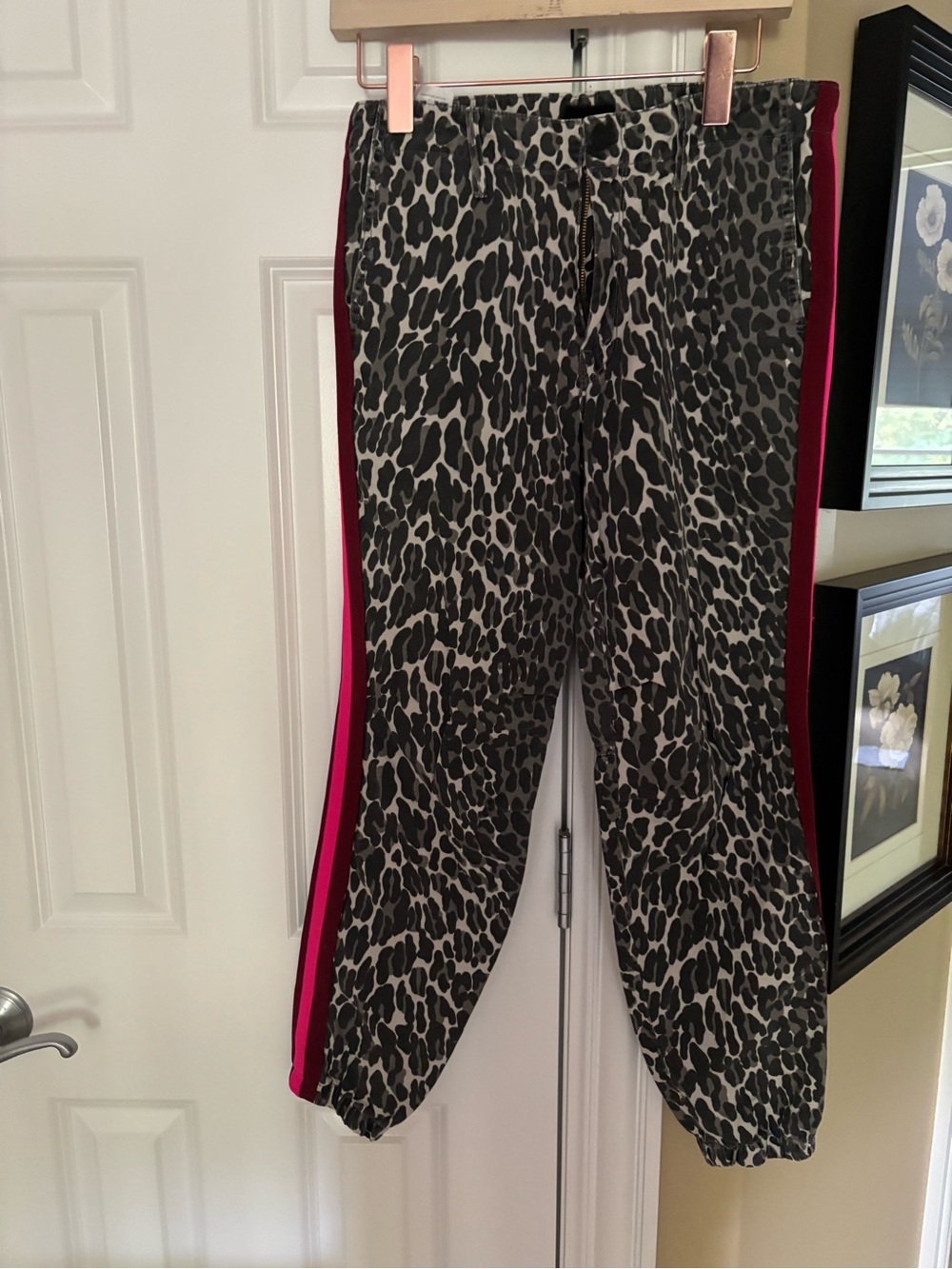MOTHER Leopard Print Jeans with Pink and Burgundy Side Stripes